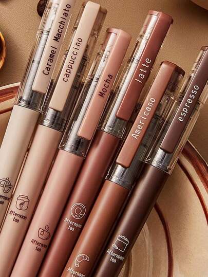 6支装咖啡主题速干液体墨水凝胶笔，不晕染，触感柔软，适合记笔记、绘画，是学校办公用品和返校必备品。