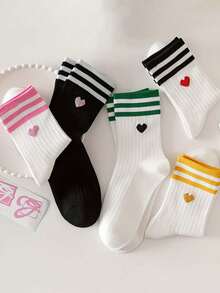 5 Pairs Rainbow Heart & Striped Socks, College Style Simple Mid Tube Socks, Women's Stockings & Hosiery For Fall - Multicolor - View 3