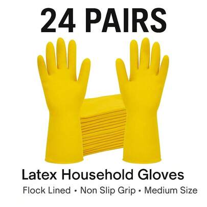 24 Pairs Latex Household Gloves Medium Flock Lined Non Slip Grip Cleaning