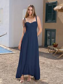 PARTHEA Backless Smocking Bodycon Ruched Cami Long Dress Summer Elegant - Navy Blue - View 4