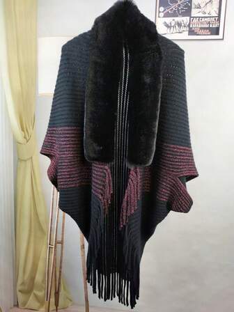 1 st. huvad poncho med bred pälskrage, varm stickad kofta med fransar, lyxig fluffig sjal för kvinnor