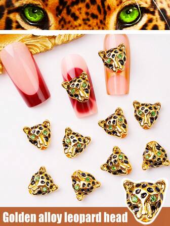 10件装新款Y2K风格奢华酷炫金色合金豹头祖母绿水钻3D美甲装饰配件，非常迷人的3D美甲合金动物装饰贴片配件，无香DIY假指甲手工美甲饰品和手机壳配件，水钻和装饰品