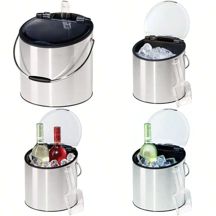 Oggi 7440 Stainless Steel Ice and Wine Bucket with Flip Top Lid and Ice Scoop, Holds 2 Bottles(3,78L Acero Inoxidable) - Multicolor - Ver 1