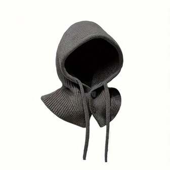 冬季保暖针织帽，带护耳和围巾披肩，男女通用保暖连帽围脖，可手洗涤纶渔夫帽，带系带 - 单件装