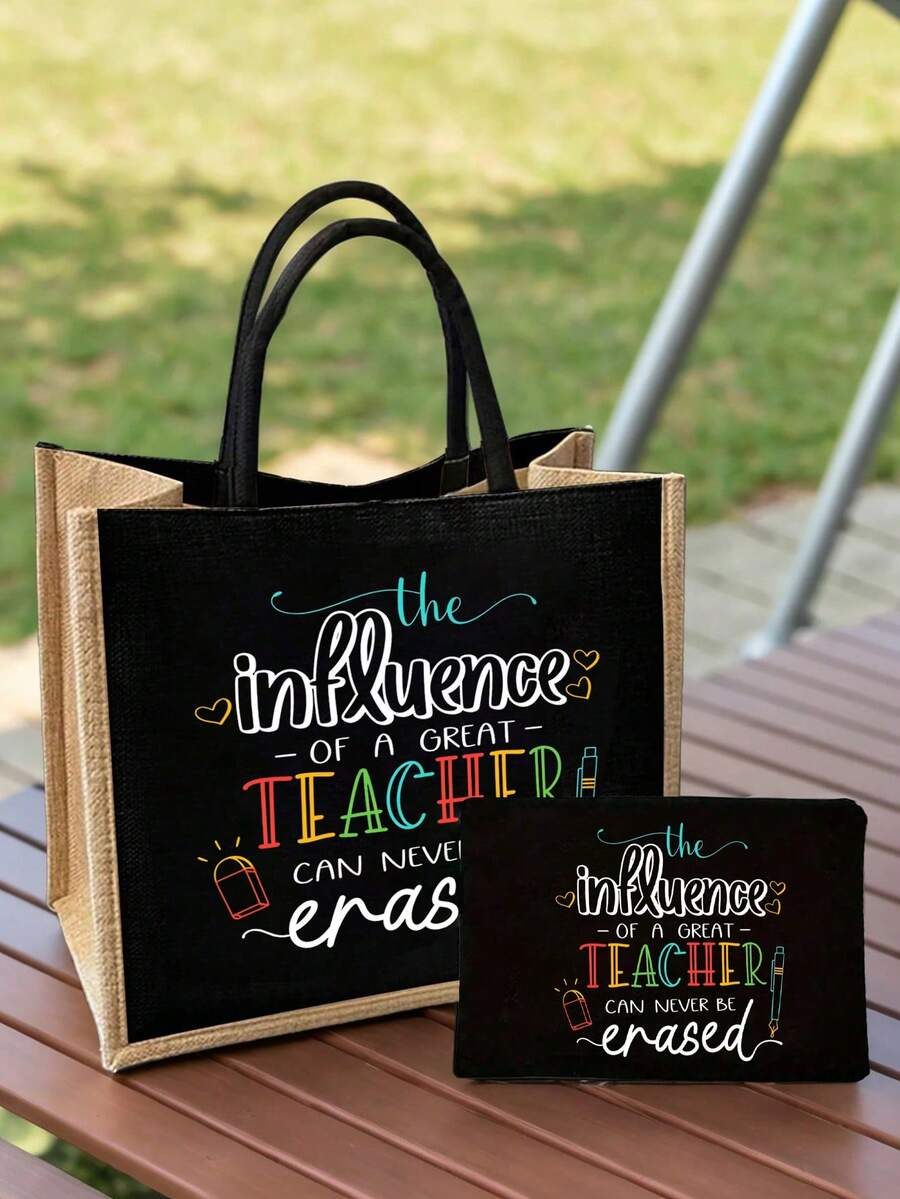 Túi tote vải lanh in chữ "Thầy cô giáo" sáng tạo, kèm ví và túi đựng mỹ phẩm, túi xách vải lanh thời trang dùng hàng ngày, túi tote vải lanh dung tích lớn, túi mua sắm đa chức năng, quà tặng tri ân thầy cô, thiết kế độc đáo, dung tích lớn, phù hợp cho các cặp đôi, bạn bè, đồ dùng cần thiết cho năm học mới, quà tặng ngày Nhà giáo. - Nhiều màu - Xem 1