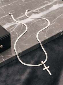 1pc Cross Pendant Stainless Steel Blade Chain Necklace For Men - Silver - View 3