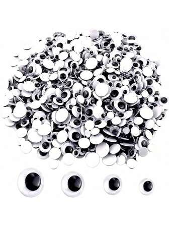 100、200、300、500个黑色动态眨眼贴纸眼睛，自粘式，混合装，尺寸包括6毫米、8毫米、10毫米、12毫米、15毫米，以及巨型可移动自粘式大号黑色塑料工艺眼睛，尺寸分别为2英寸、3英寸、4英寸，8件套，适合3岁及以上儿童。