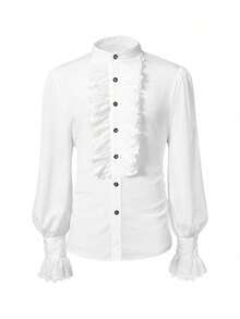Runcati Men Pirate Shirt Victorian Ruffle Medieval Renaissance Vampire Ruffled Steampunk Puffy Halloween Cosplay Shirts - White - View 3