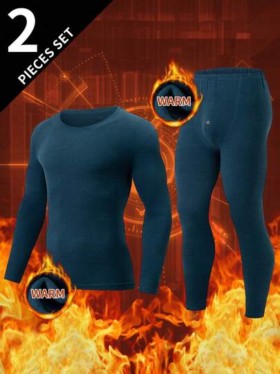2pcs Men's Thermal Underwear Set, Long Sleeve T-Shirt + Pants, Warm Casual Base Layer For Autumn/Winter
