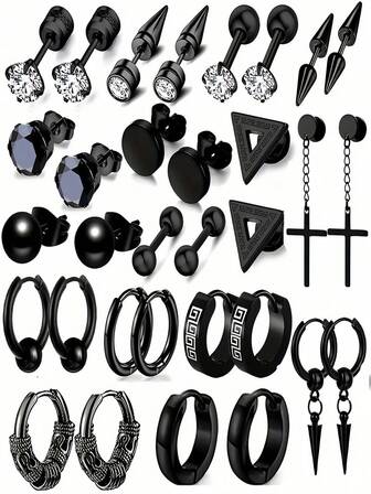 24 件装不锈钢黑色耳环，朋克尖锥形穿孔耳环，时尚男士简约穿孔耳环【随机发货】