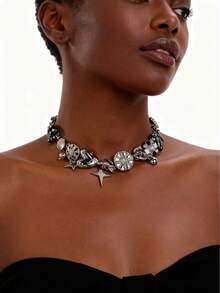 1件朋克风夸张精致高端心形、花朵和星星吊坠项链，适合女性日常佩戴或作为礼物 - 項鍊 - 查看 5