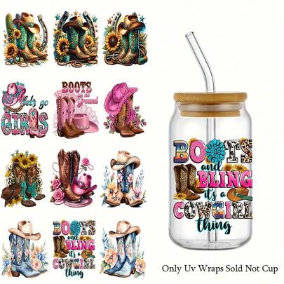 12 片装牛仔帽和靴子图案 16 盎司玻璃罐 UV DTF 贴纸 - 闪亮自粘贴纸，适用于咖啡杯，高品质手工咖啡配件