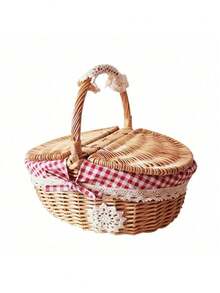 1个复古藤编户外手提提手储物篮野餐篮带盖 - 彩色 - 查看 8