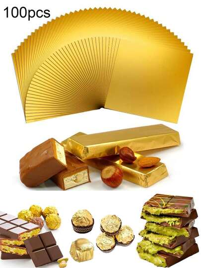 100pcs Chocolate Candy Wrapping Papers, Square Gold Foil Homemade Chocolate Bar Packaging Papers With Thick Paper Lining, DIY Candy Bar Wrapping Papers, Holiday Gifts | Reusable Wrapping Papers Suitable For Valentine's Day, Wedding, Birthday, Christmas, Party, Gift Wrapping, Caramel, Cereal Bars, Black Sesame Balls