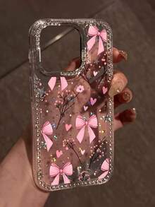 Étui de téléphone à motif de nœud papillon rose luxueux et de branche, avec protection complète, compatible avec 17 ProMax, 17 Pro, 17, Air, 17, 16, 15, 14, 13, 12, 11 Pro Max Plus, protection de l'objectif avec strass, coque arrière souple et protectrice, idéal comme cadeau pour les filles - Transparent - Voir 6