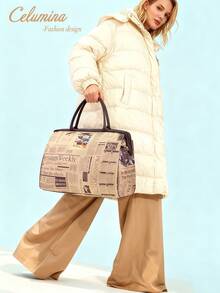 Ladies' Vintage Newspaper Print Canvas Handbag - High-Quality Check Pattern, Fixed Shoulder Strap, Zipper Closure And Polyester Lining, Large-Capacity Coffee Brown Travel Shopping Daily Fashion Accessory This  Is Suitable For Young Girls For Their Birthday, Prom And Graduation And Also A Lovely Gift For Friends, Mother, Lover On Special Days Such As Valentine's Day, Christmas, Anniversaries.Can Be Used As Thanksgiving, Halloween,Christmas Gift.Family Gathering Tote - 彩色 - 查看 2