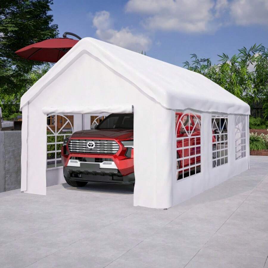 Carport Zeltgarage 3x6 M – Large Garagenzelt Winterfest Mit Roll-Up-Tür Für Auto, SUV & LKW – Abnehmbare Seitenwände Und Dach - White - View 1