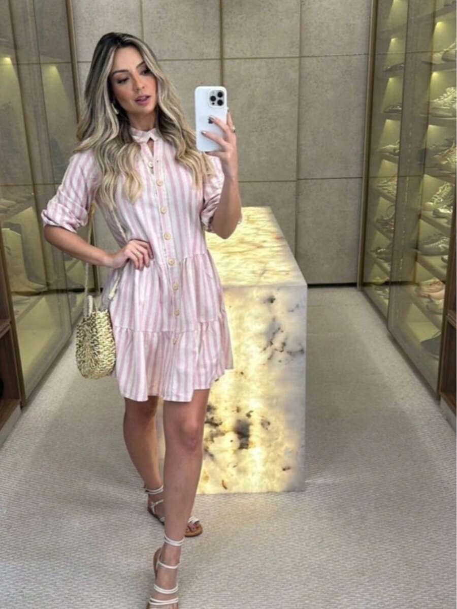 Women's Striped Midi Dress With Shirt Collar And Bishop Sleeves, Casual, With Buttons, Asymmetrical Hem, Summer And Beach. - 藕粉色 - 查看 1