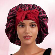 1顶缎面蝴蝶结睡帽，纯色弹力带，轻盈透气，适合女性和女孩，黑色 - 酒紅豹紋 - 查看 10