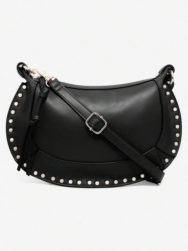 New Fashion Embellished Double-Faced Round Rivet Inlaid Niche Luxury Crossbody Bag, Chic Lady Half-Moon Shoulder Bag, High-End Design For Everyday Style