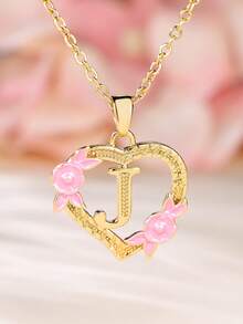 Tsnamer 1 件精美立方氧化锆字母项链，心形雕刻，包含 26 个 A-Z 字母和花朵，适合女性日常佩戴。 - 金黃色+粉 - 查看 16