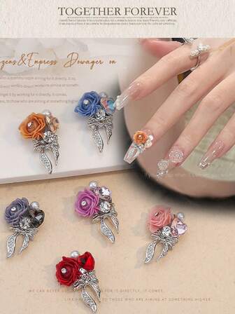 10个粉色玫瑰合金美甲饰品，镶嵌水晶 - 优雅花卉美甲装饰，适用于DIY美甲美足，耐用金属材质，精致美甲，珠光饰面