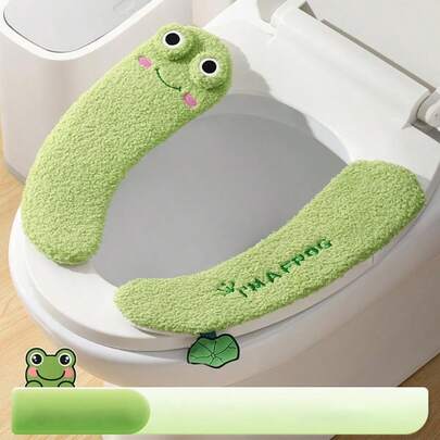 Cute Frog Toilet Seat Cover Thickened Winter Warm Toilet Mat Full Coverage Soft And Comfortable Universal Fit For All Toilet Types Easy To Clean AntiSlip PU Backing Green