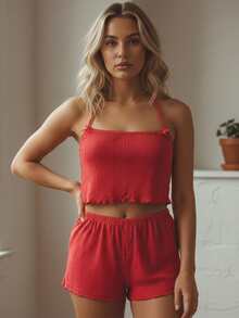 Women Pajama Set, Sleeveless V Neck Bows Camisole With Shorts Sleepwear Loungewear - Đỏ - Xem 4