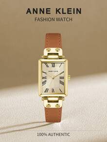 Anne Klein 棕色皮革表带女士腕表，浅香槟色阳光表盘女士休闲金色表壳石英表，AK/3752CHHY
