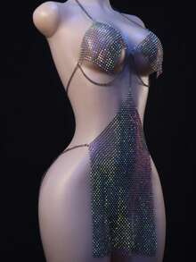 Sexy Women's Chainmail Bikini Set With Halter Crop Top, Bra & Body Chain - Nightclub & Lingerie Essentials - màu đen - Xem 6