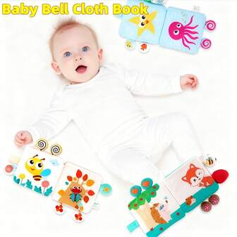 1 pieza de juguete de tela suave y de peluche con diseño de dibujos animados de colores para niños y niñas, con una campana colgante de mano, libro de tela, juguete educativo temprano y de rompecabezas, cada página con papel sonoro para estimular el oído y el tacto del bebé, adecuado como regalo para recién nacidos