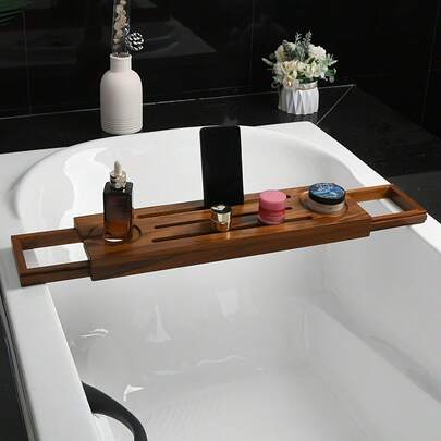 1pc Expandable Bamboo Bathtub Tray | Wine Holder, Phone Slot & Bookrest, Anti-Slip Design, Foldable For Easy Storage