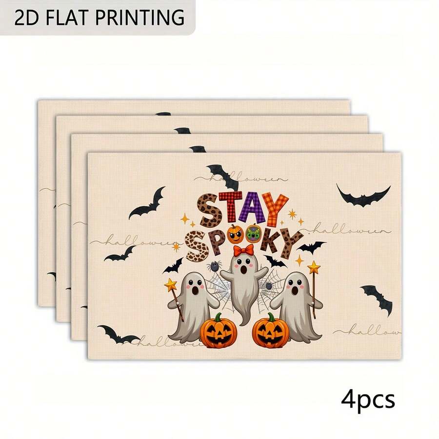 4pcs/6pcs Halloween Spooky Ghosts Pattern Table Mats, 12x18in Seasonal Vintage Washable Table Mats For Rustic Vintage Table Decoration For Indoor Outdoor Party Kitchen Dining Table, Halloween Decorations, Festive Table Setting, Spooky Theme, Durable Tableware, Washable Fabric, Holiday Tableware, Home Decorators, Seasonal Decor, Vintage Design, Hand Wash Only, Decorative Mats, Halloween Single Placemat, Single Placemat With Letters, Washable Table Mat, Breakfast Napkin, Washable Table - 萬聖節 - 查看 1