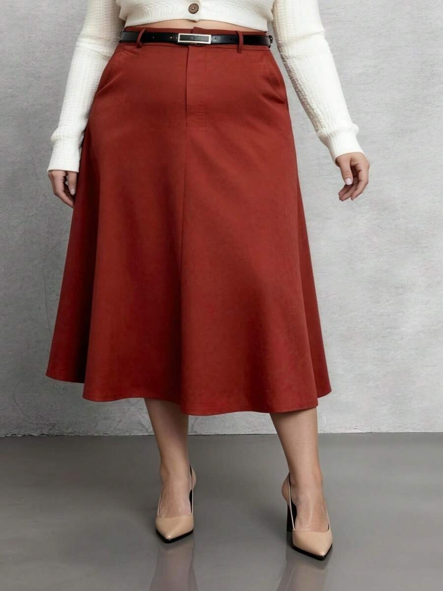 Women's Plus Size Comfortable A-Line Midi Skirt, Plus Size Long Skirt, Extra Large Plus Size Tailored Premium Formal Skirt With Belt And Pockets, Sizes G1 G2 G3 EXG - 銅色 - 查看 1