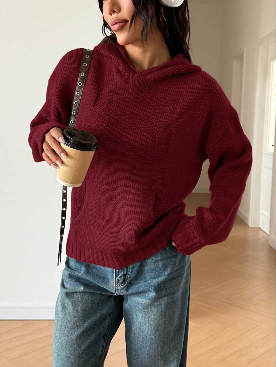 Women's Cute Casaul Streetwear Y2K Solid Color Pocket Hooded Knitted Sweater Pullover Top Loose Homecoming Fall Winter Outfits Clothes Country Concert Christmas Valentine's Day New Year