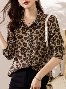 YUXIN 女士春夏复古豹纹衬衫，翻领长袖宽松款，适合日常外出/轻度社交场合，透气修身时尚上衣 - 咖啡 - 查看 7