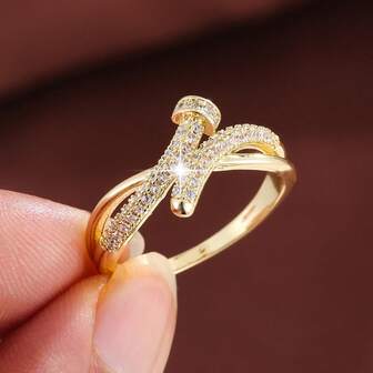 1pc Minimalist Geometric Line X-Shaped Design Cubic Zirconia Women Ring