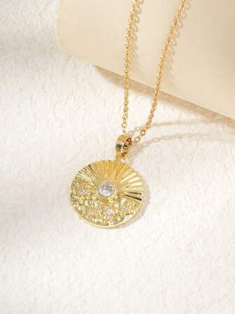 1pc Fashionable Star & Moon Element Zirconia Inlaid Round Pendant Necklace