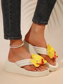 Giày sandal đế dày thời trang thường ngày dành cho nữ, dép xỏ ngón đi biển mùa hè có họa tiết hoa giả, dép xỏ ngón chống trượt EVA nhẹ và thoải mái - Màu vàng - Xem 8