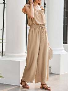 Womens Summer Loose Spaghetti Strap Short Jumpsuit Rompers - Albaricoque - Ver 4