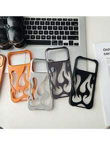 Y2K Metallic Fashion Silver Matte Spray Oil Cool Hollow Flame Pattern Shockproof TPU Protective Phone Case Cover Compatible With Iphone11/12/13/14/15/16/17 PROMAX Women's Day Gift - Orange - View 4
