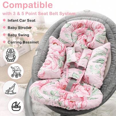 婴儿汽车座椅垫，婴儿汽车座椅头部支撑垫，带3个安全带护垫，柔软新生儿汽车座椅垫，适用于婴儿推车、摇椅