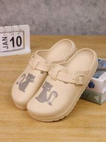Women's Fashion Flat Mule Clogs - Cat Print With Adjustable Strap Design, Black Cat Pattern Slip-On Shoes, Suitable For Beach, Garden, Semi-Formal Outdoor Occasions - Casual & Professional Wear All Season - Comfortable Round Toe Summer Style, Vibrant Cat Pattern, Breathable & Durable EVA Material, Designed For Women - Khaki - View 8