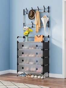 Perchero De 5 Niveles a Prueba De Polvo Para Entrada, Zapatero Con Ganchos Extraíbles, Zapatero Independiente a Prueba De Polvo, Organizador De Ropa y Sombreros Para La Puerta De Entrada Del Dormitorio - Negro - Ver 8