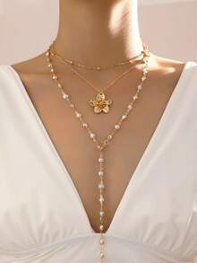 3 قطع طقم قلادة للنساء، عقد زهرة اللؤلؤ الاصطناعي والقلادة على شكل حرف Y بطراز أنيق وفاخر للاستخدام اليومي والمناسبات والحفلات والرحلات