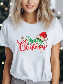 Camiseta de Navidad para Mujeres, Cuello de Tripulación Casual con Ligero Estiramiento, Tejido de Punto, Largo Regular, con Gráfico de Sombrero de Santa, para Todas las Estaciones - Blanco - Ver 1