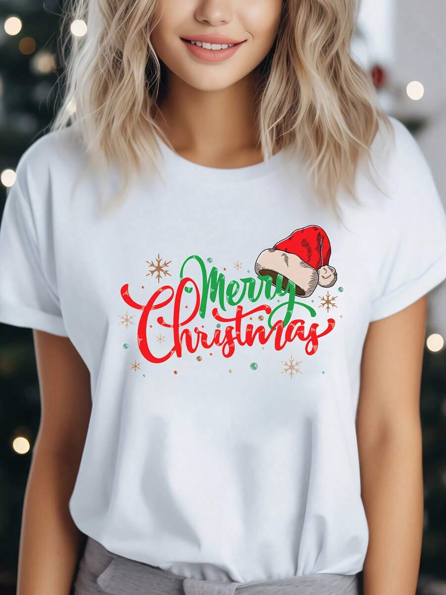 Camiseta de Navidad para Mujeres, Cuello de Tripulación Casual con Ligero Estiramiento, Tejido de Punto, Largo Regular, con Gráfico de Sombrero de Santa, para Todas las Estaciones - Blanco - Ver 1