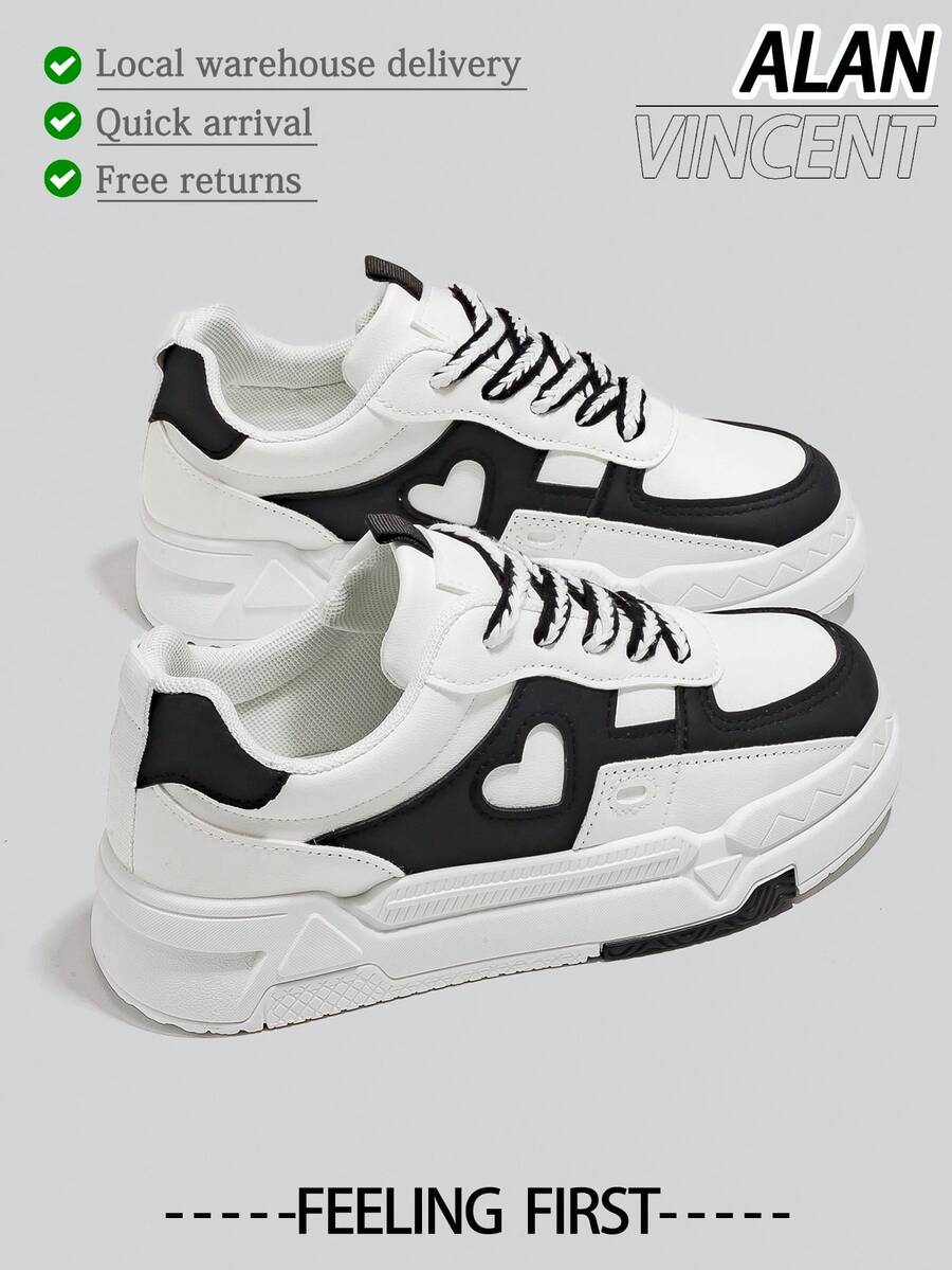 Alan Vincent[Local Delivery][Quick Arrival]New Shoes For Women Lace-Up Flat-Soled Outdoor Comfortable Sneakers Fashionable Casual Splicing Love White Shoes Black And White Student Shoes Women Flat Shoes Box Packaging - 黑與白 - 查看 1