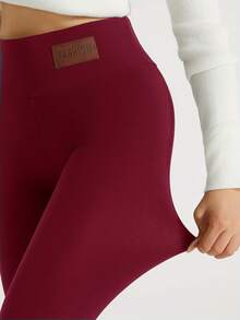 1 Piece Women's High-Waist Fleece-Lined Leggings - Autumn And Winter Warm Elastic Tight Pants, Women's Thickened Casual Sports Pants, Solid Color Non-See-Through Fabric, Shaping Leg Lines, Thick And Warm, Suitable For Outdoor Activities, Running, Fitness, Yoga, Women's Fleece-Lined Leggings For Outer Wear, Winter Fleece-Lined Thickened Plush Pants, Warm Home Trousers, Washable, Suitable For Cold Weather, Soft Inner Lining, Elastic Fabric, Specially For Fitness Enthusiasts-S02-1 - 紅色 - 查看 2