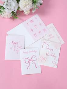 24pcs/12sets Pink Bow Birthday Greeting Card Set, Pink Bow Happy Birthday Party Cards (With Envelopes), Holiday Celebration Congratulation Good Luck Cards, Graduation Blessings Cards, Suitable For Various Occasions, Thank You Cards, Greeting Cards, Condolence Cards, Office Supplies - Pink Bow - View 2